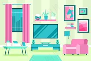 家庭内部背景粉色和蓝色色调