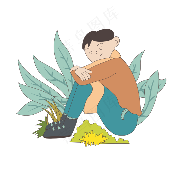 寒露主题抱腿休息的男生插画