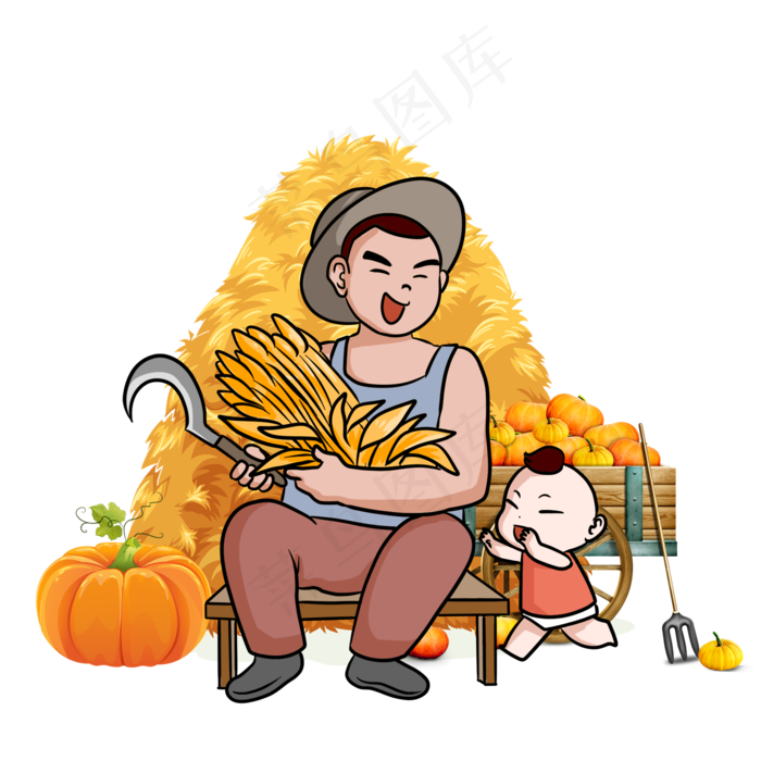 收获的季节农夫收割作物卡通插画