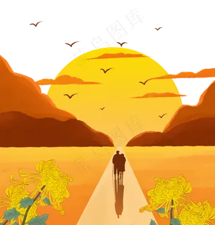 重阳节夕阳下老人温馨场景