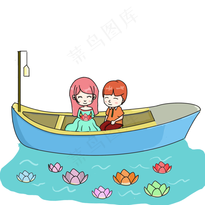 七夕情侣小船放河灯插画