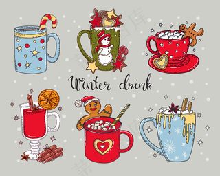 在一个孤立的背景上，一套色彩鲜艳的热冬酒，上面有书法。