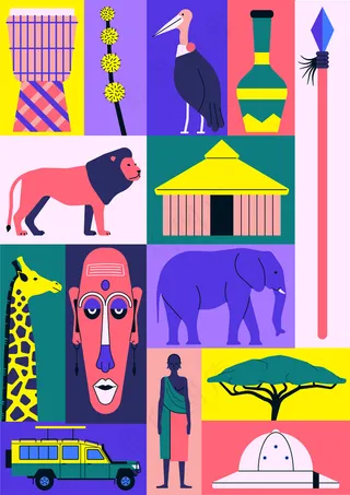 非洲图标集。鼓，花，非洲鸟，壶，矛，狮子，房子，长颈鹿，面具，大象，汽车，人，树，帽子。