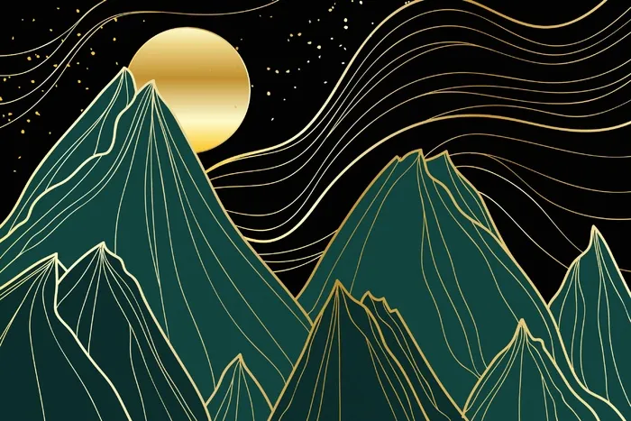 带山和月亮的渐变金色线性背景