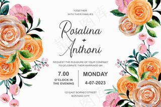 美丽的婚礼请柬与水彩玫瑰花卉