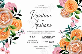 美丽的婚礼请柬与水彩玫瑰花卉