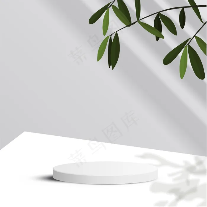具有几何形式的最小场景。圆柱形讲台，白色背景，树叶和阳光。现场展示化妆品、陈列柜、店面、陈列柜。3d插图。eps,ai矢量模版下载