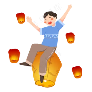 中秋节男孩坐孔明灯游玩素材