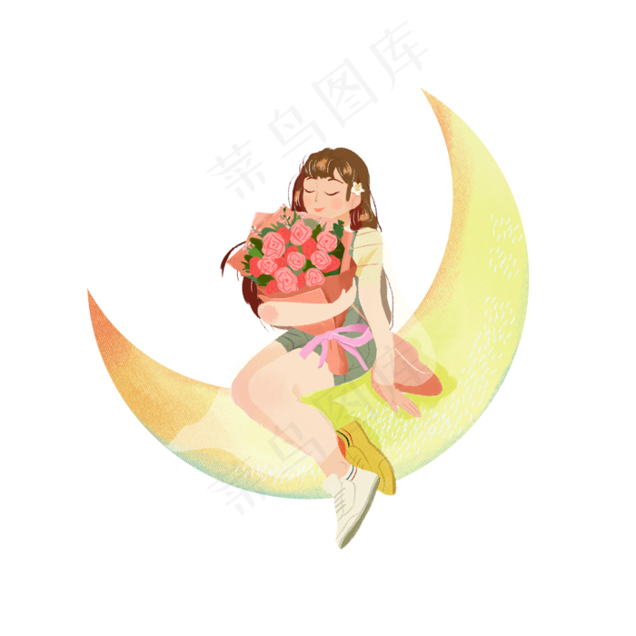 浪漫七夕月亮女孩png素材