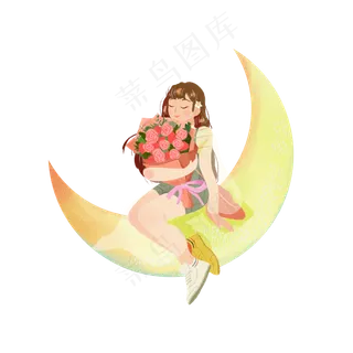 浪漫七夕月亮女孩png素材
