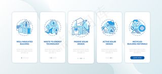 具有概念的可持续建筑蓝色入职手机app移动应用程序app页面屏幕。