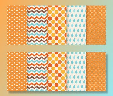 秋季图案。无缝纹理。印有之字形，圆点，心形和鱼鳞。设置季节性几何背景。彩色卡通插画。可爱的抽象墙纸。平的