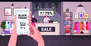 人手使用智能手机在手机app移动应用程序中购买衣服黑色星期五购物大甩卖冠状病毒隔离概念时装店内部水平矢量图