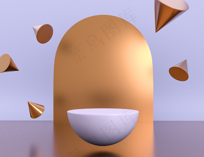 三维几何紫色场景产品放置黄铜物体悬浮和可编辑的颜色