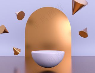 三维几何紫色场景产品放置黄铜物体悬浮和可编辑的颜色