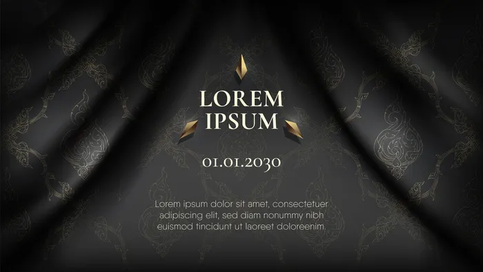 抽象的金色传统泰国图案在波浪光滑的黑色丝织物窗帘背景上eps,ai矢量模版下载