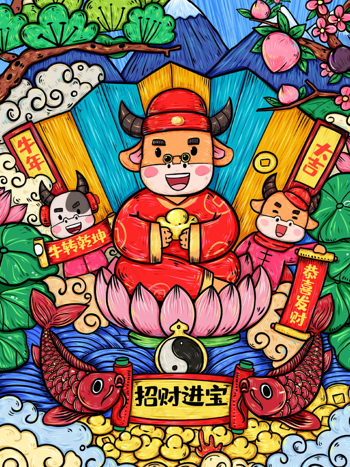 牛年插画 牛年海报 新春海报psd模版下载