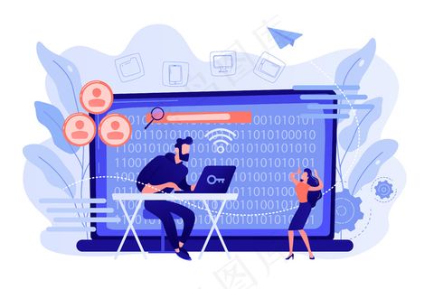 黑客收集目标个人敏感数据并将其公开。打瞌睡，收集网上信息，黑客利用结果的概念。粉珊瑚蓝载体独立插图