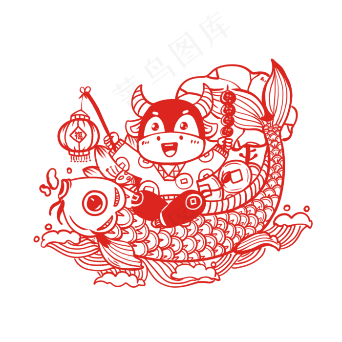 牛年窗花锦鲤年年有鱼中国风剪纸(2000X2000(DPI:300))psd模版下载