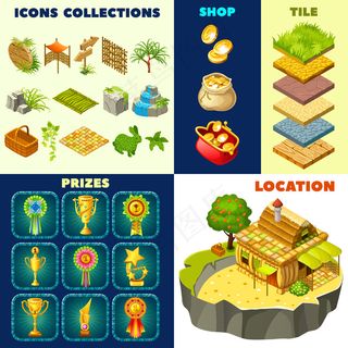 一组等距小屋和游戏元素。