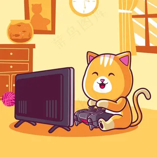 可爱的猫玩电子游戏卡通插图