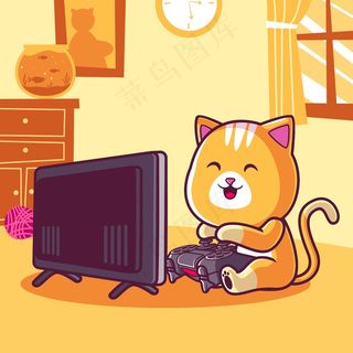 可爱的猫玩电子游戏卡通插图