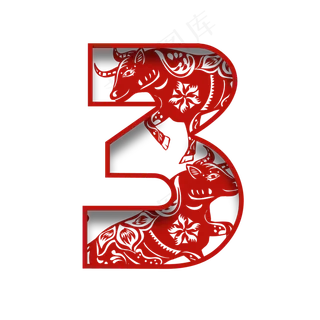 中国风红色剪纸牛年数字3