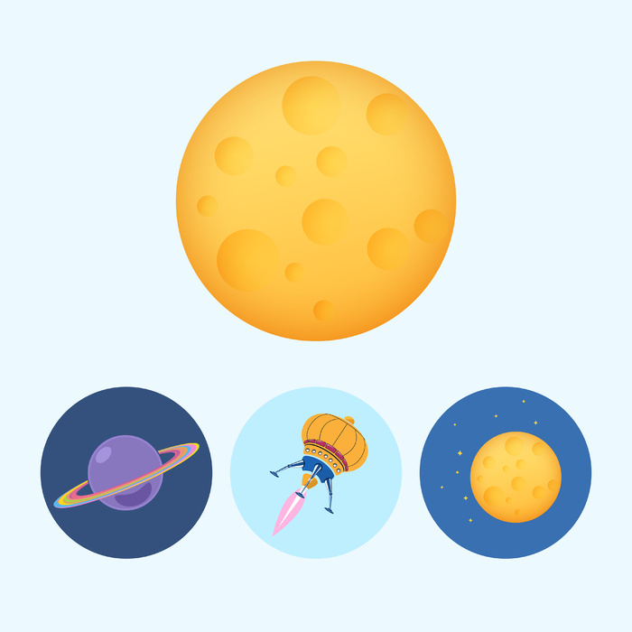 月亮。由 3 个圆形彩色图标、土星、行星图标、图标宇宙飞船、不明飞行物、月亮和星星组成，矢量图eps,ai矢量模版下载