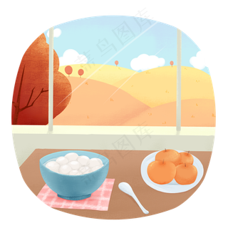 二十四节气秋分窗前风景汤圆柿子