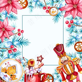 水彩画圣诞背景与胡桃夹子和热饮