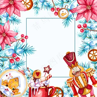 水彩画圣诞背景与胡桃夹子和热饮 水彩画圣诞背景与胡桃夹子和热饮