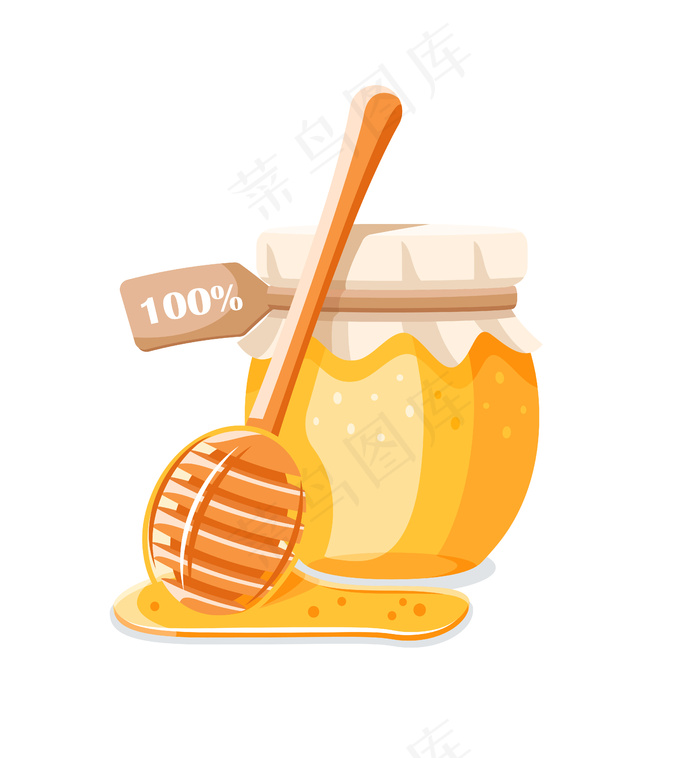 带蜂蜜的玻璃壶，白色背景上隔离的滴蜂蜜勺子。