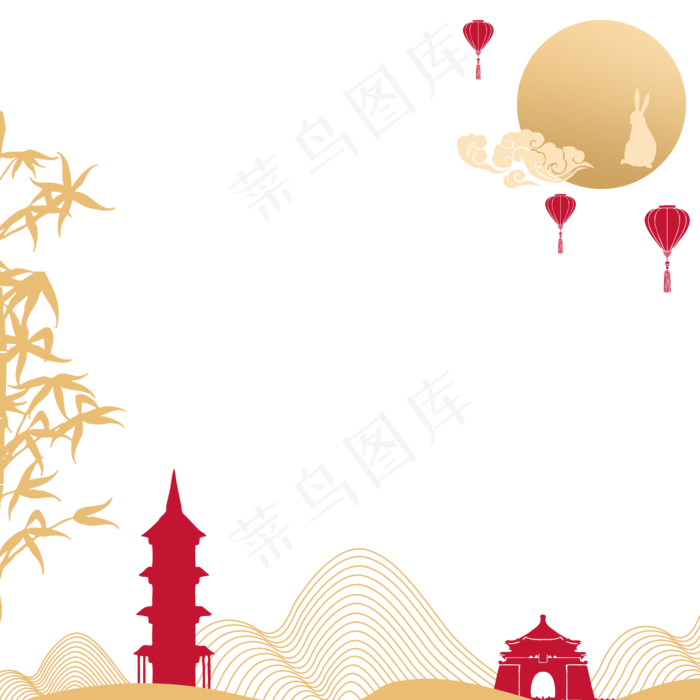 金色红色矢量山塔月亮中秋