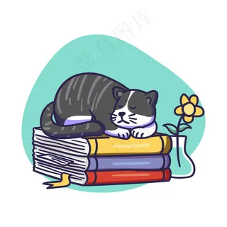 可爱的黑猫角色睡在一堆书上