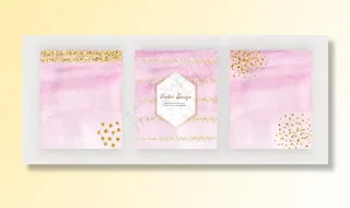 粉红色水彩刷子笔画卡与金色闪光五彩纸屑和大理石六边形框架。