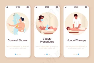 水疗度假村入职手机app移动应用程序app屏幕模板。热水淋浴。美容治疗。身体护理和呵护。带字符的漫游网站步骤。智能手机卡通ux、ui、gui