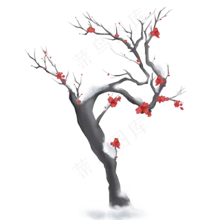 手绘雪中梅花树