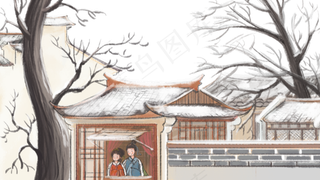 立冬主题之水墨古风建筑风景