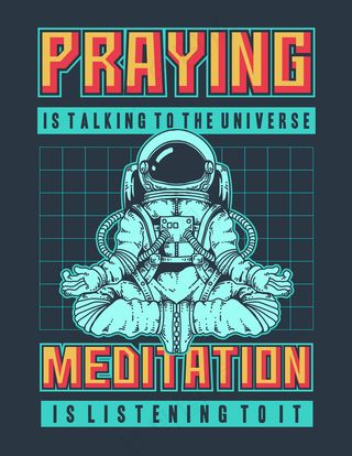 一位宇航员在太空中做冥想的矢量图，带有90年代的复古色彩和空间。