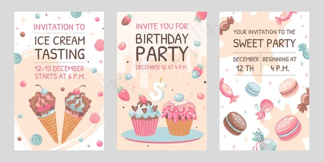 带糖果的请柬。冰淇淋，杏仁饼，生日纸杯蛋糕