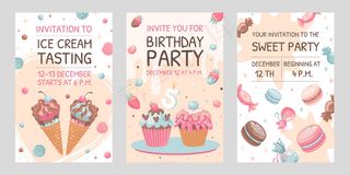 带糖果的请柬。冰淇淋，杏仁饼，生日纸杯蛋糕