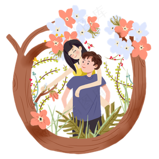 七夕恋人虐狗花间散步手绘PNG