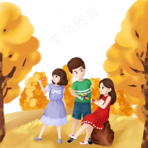 秋日郊游少女少年金黄红裙PNG图