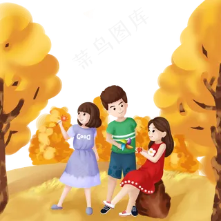 秋日郊游少女少年金黄红裙PNG图