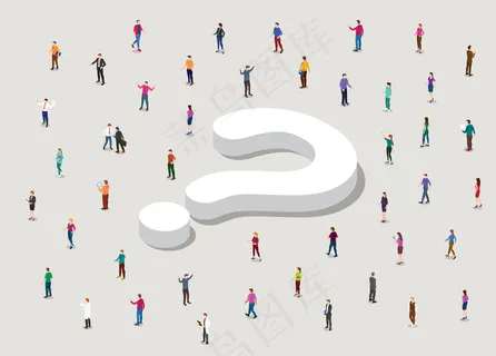 用大问号寻找答案概念，人们用现代等距式插图围观