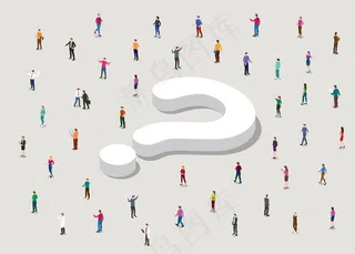 用大问号寻找答案概念，人们用现代等距式插图围观