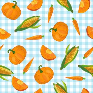 浅蓝色格子桌布上绘制的南瓜胡萝卜和玉米符号蔬菜图案
