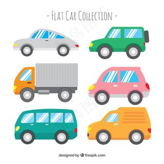 六辆车窗闪亮的汽车侧视图