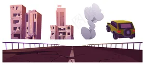 被毁的城市建筑，老旧的开裂的道路，烟雾和汽车孤立在白色的背景。