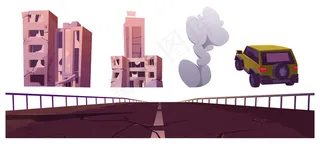 被毁的城市建筑，老旧的开裂的道路，烟雾和汽车孤立在白色的背景。